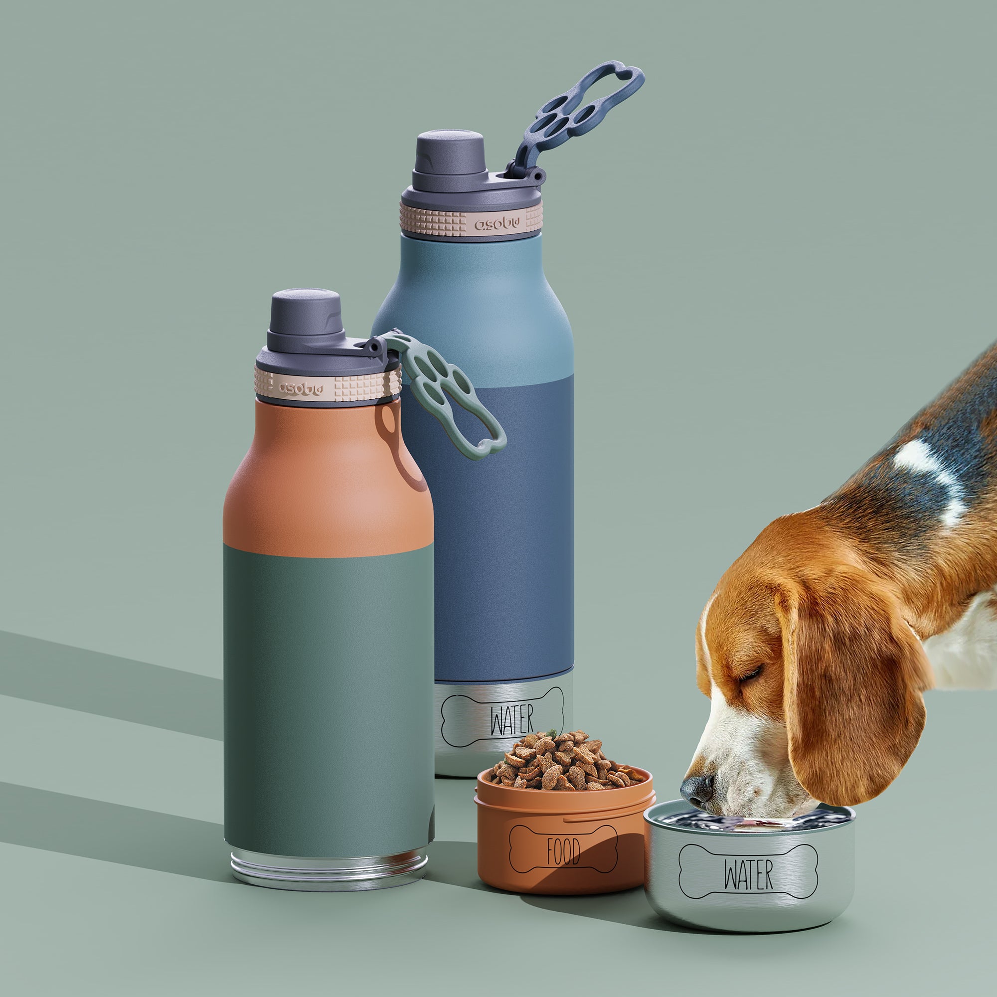 Bouteille Buddy Asobu avec gamelles pour chien – vert pastel 1 l