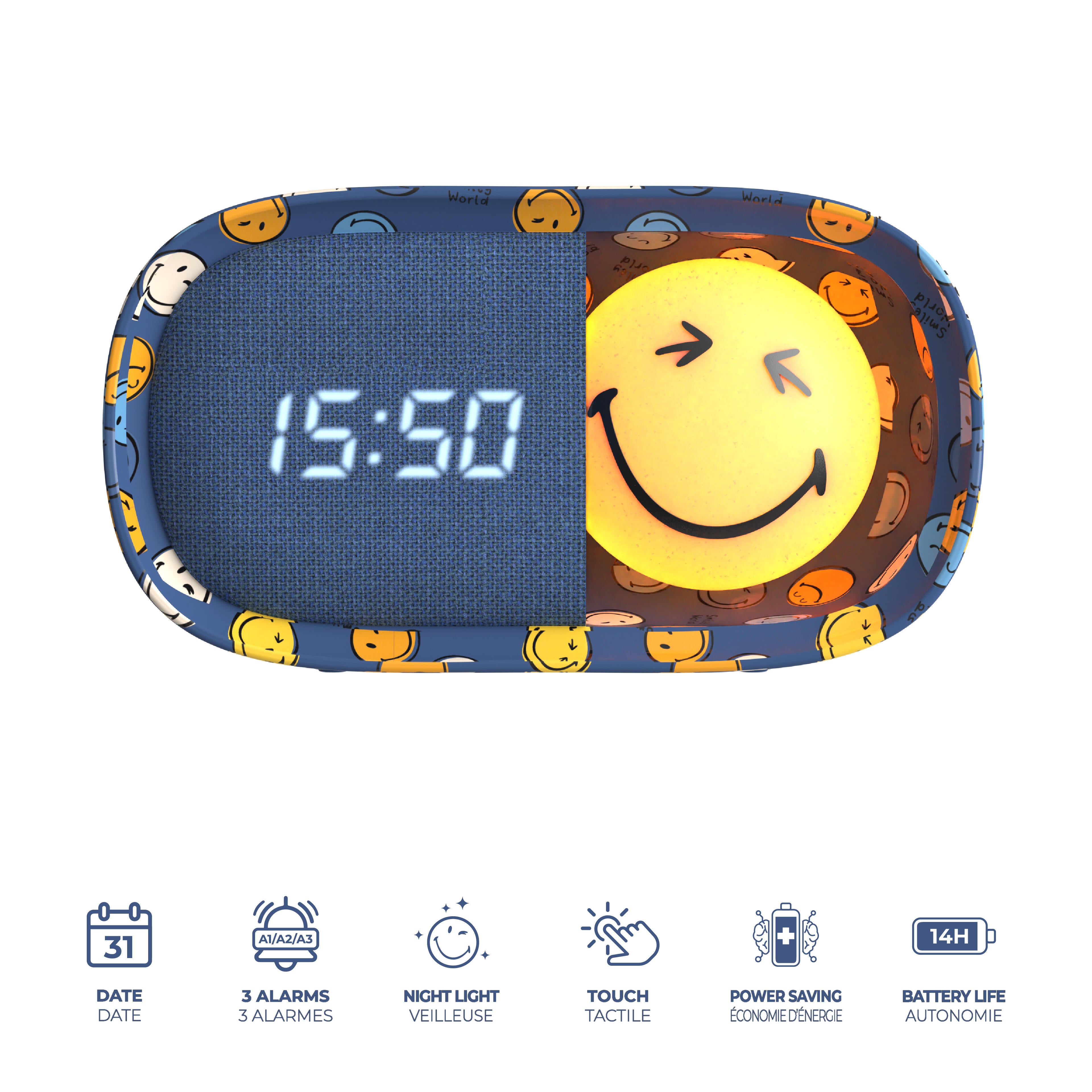 Budzik z lampką MOB Smiley World – niebieski