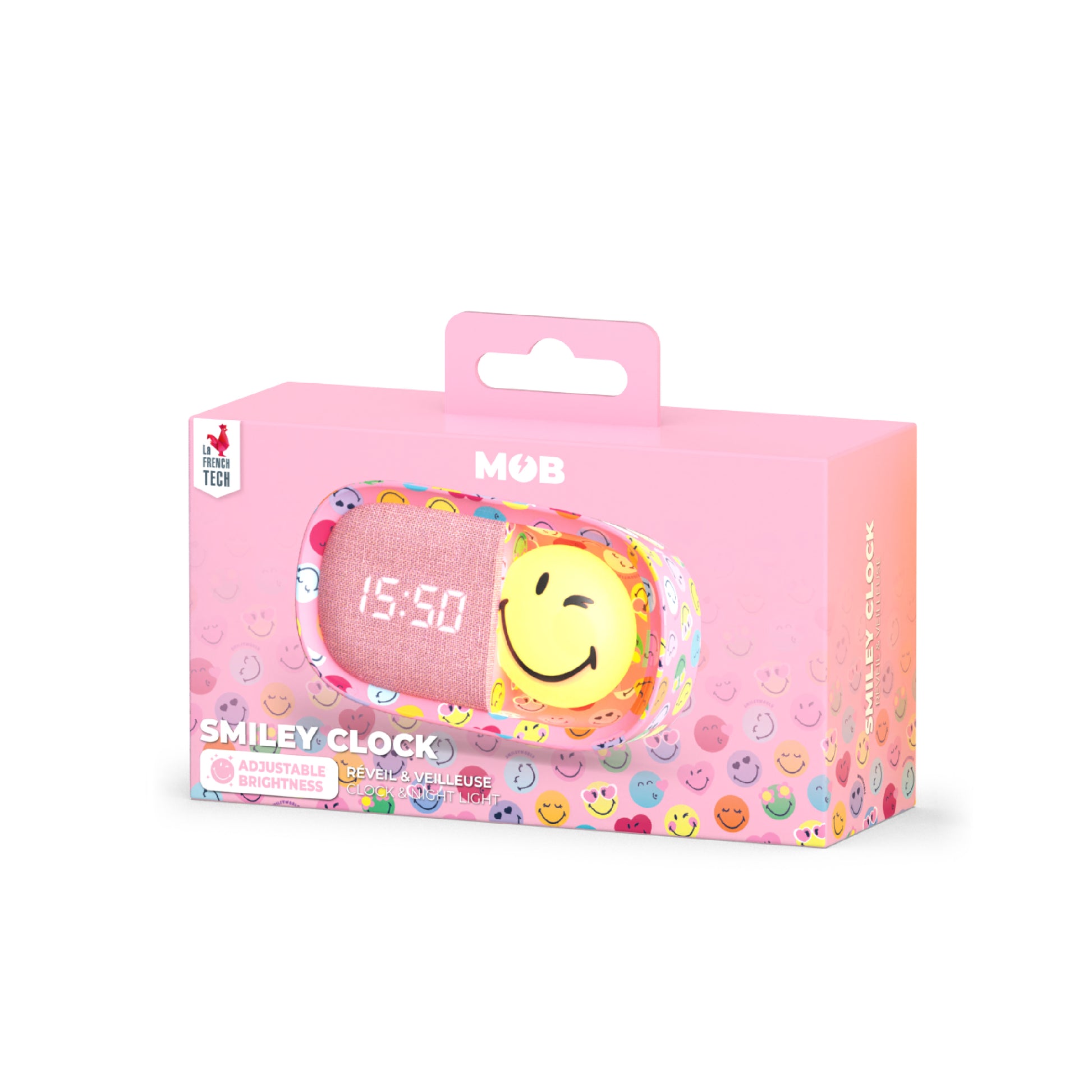 Budzik z lampką MOB Smiley World – różowy