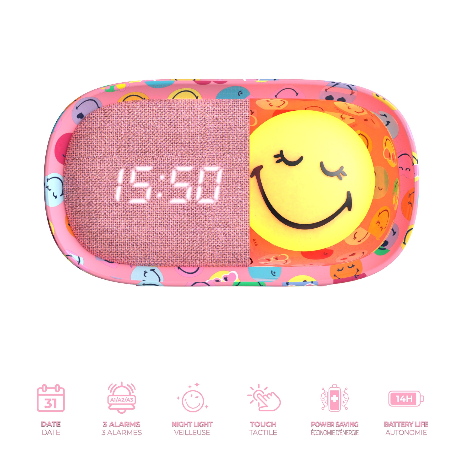 Budzik z lampką MOB Smiley World – różowy
