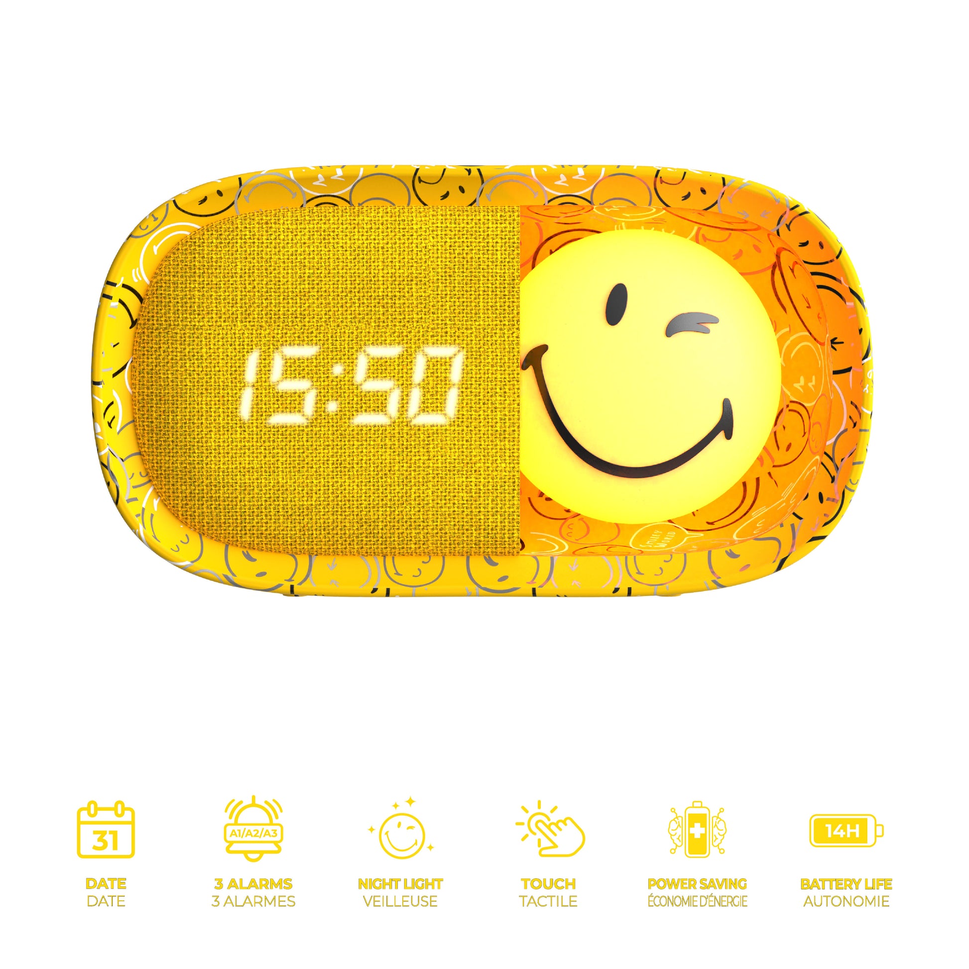 Budzik z lampką MOB Smiley World – żółty