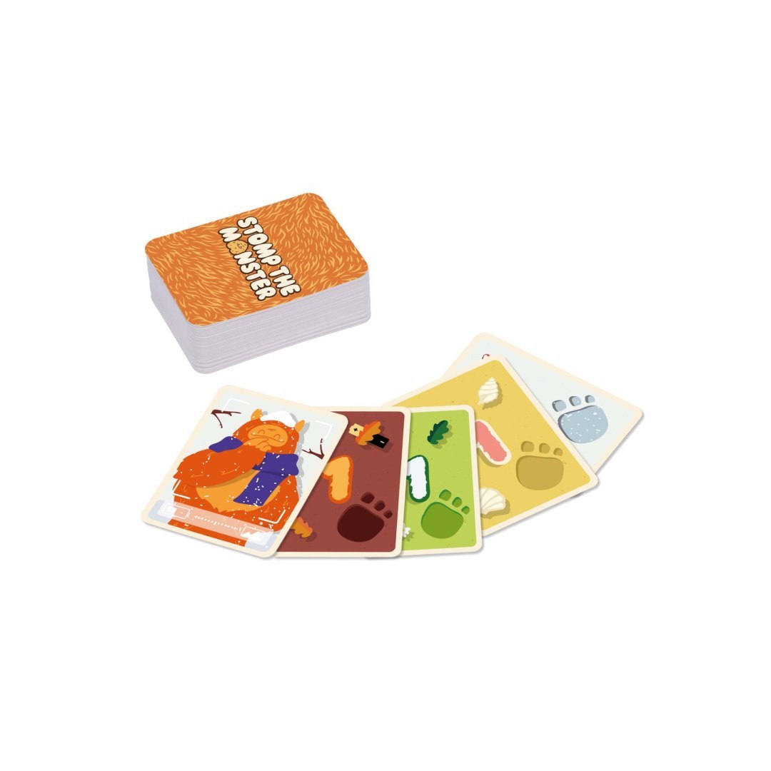 Karty do gry Stomp the Monster z kolorowymi ilustracjami potworów i śladów łap