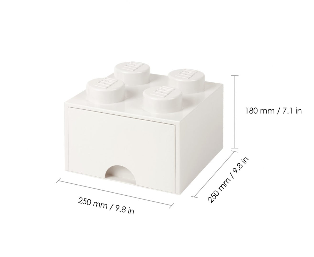 Biała szuflada LEGO na zabawki w kształcie klocka z wymiarami 250x250x180 mm