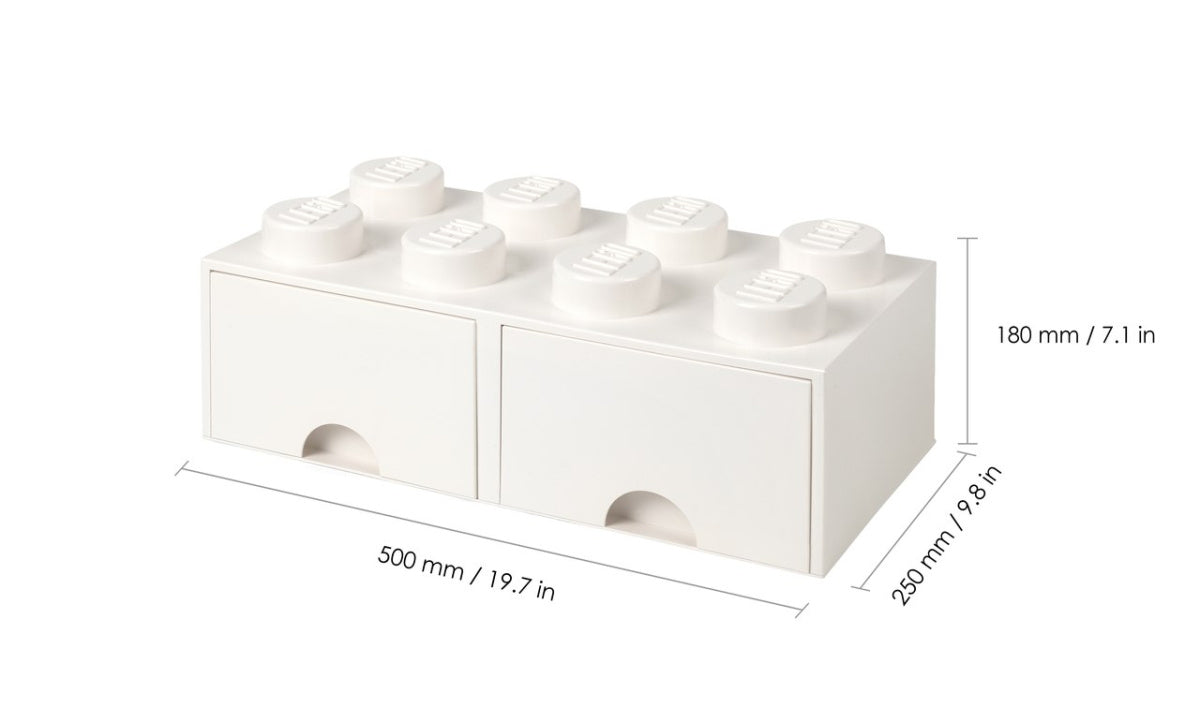 biała szuflada klocek LEGO Brick 8 z dwoma przegródkami i wymiarami na białym tle