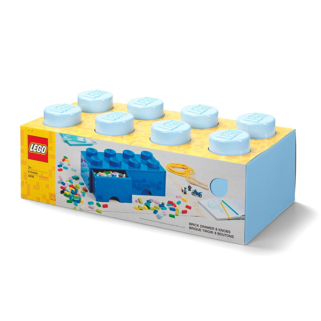 Szuflada LEGO na klocki w kształcie niebieskiego klocka z 8 pokrywkami do przechowywania
