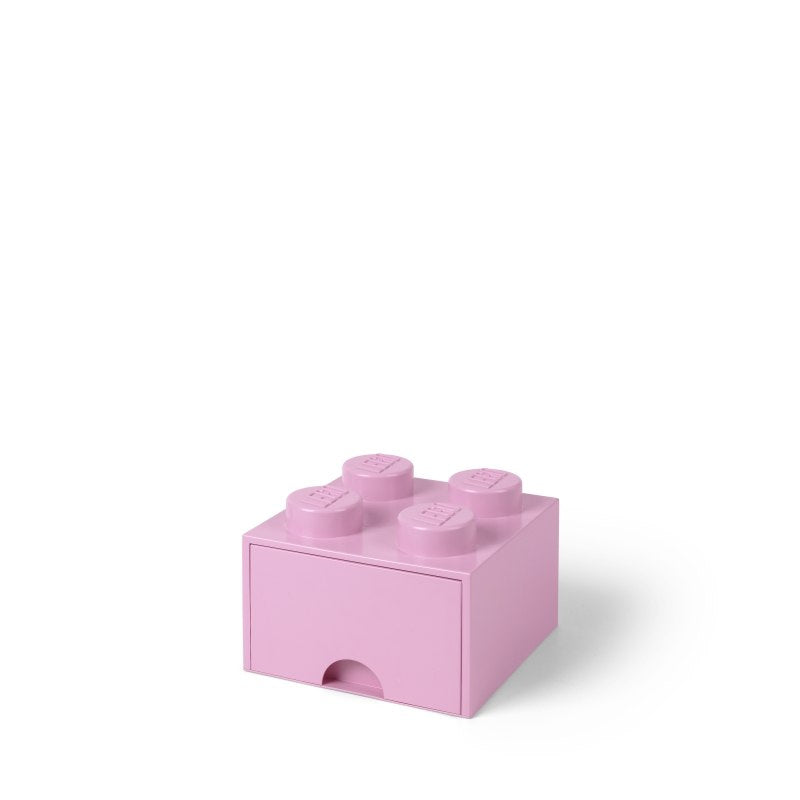 Różowa szuflada LEGO do przechowywania w kształcie klasycznej cegiełki LEGO na białym tle