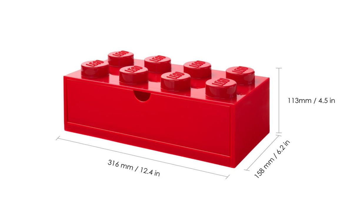 Czerwona szufladka LEGO na biurko w kształcie klocka LEGO z miejscem na przechowywanie