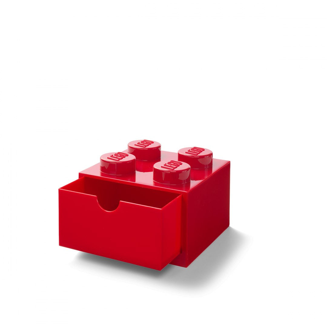 Czerwona szufladka LEGO na biurko w kształcie klocka z otwartą szufladą do przechowywania