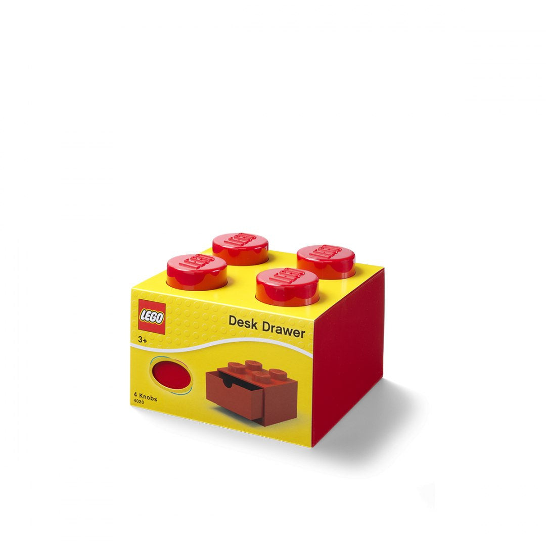 Czerwona i żółta szufladka LEGO na biurko w kształcie klocka z czterema czerwonymi wypustkami