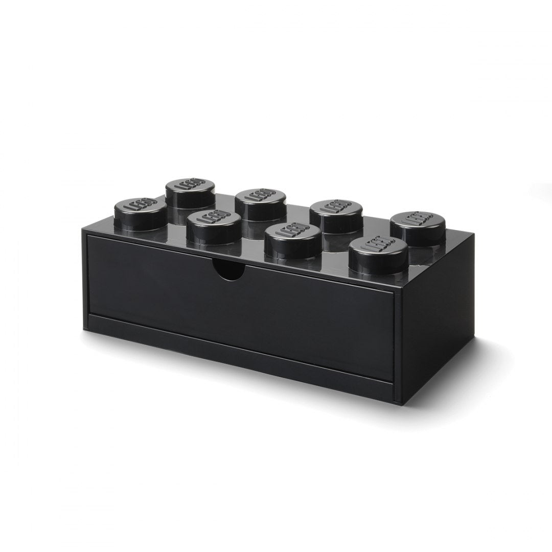 Czarna szufladka LEGO na biurko w kształcie klocka z ośmioma wystającymi wypustkami