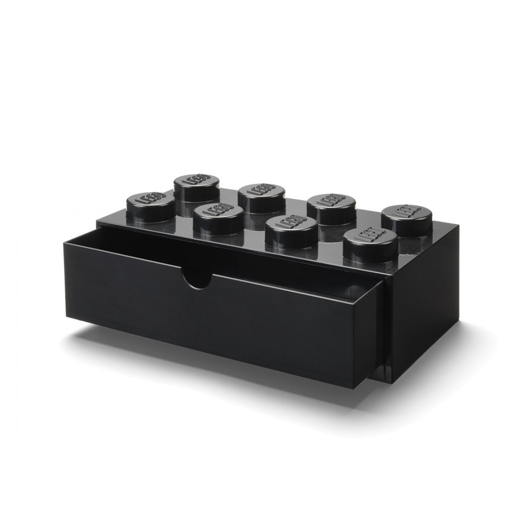 Czarna szufladka LEGO na biurko w kształcie klocka z ośmioma wypustkami