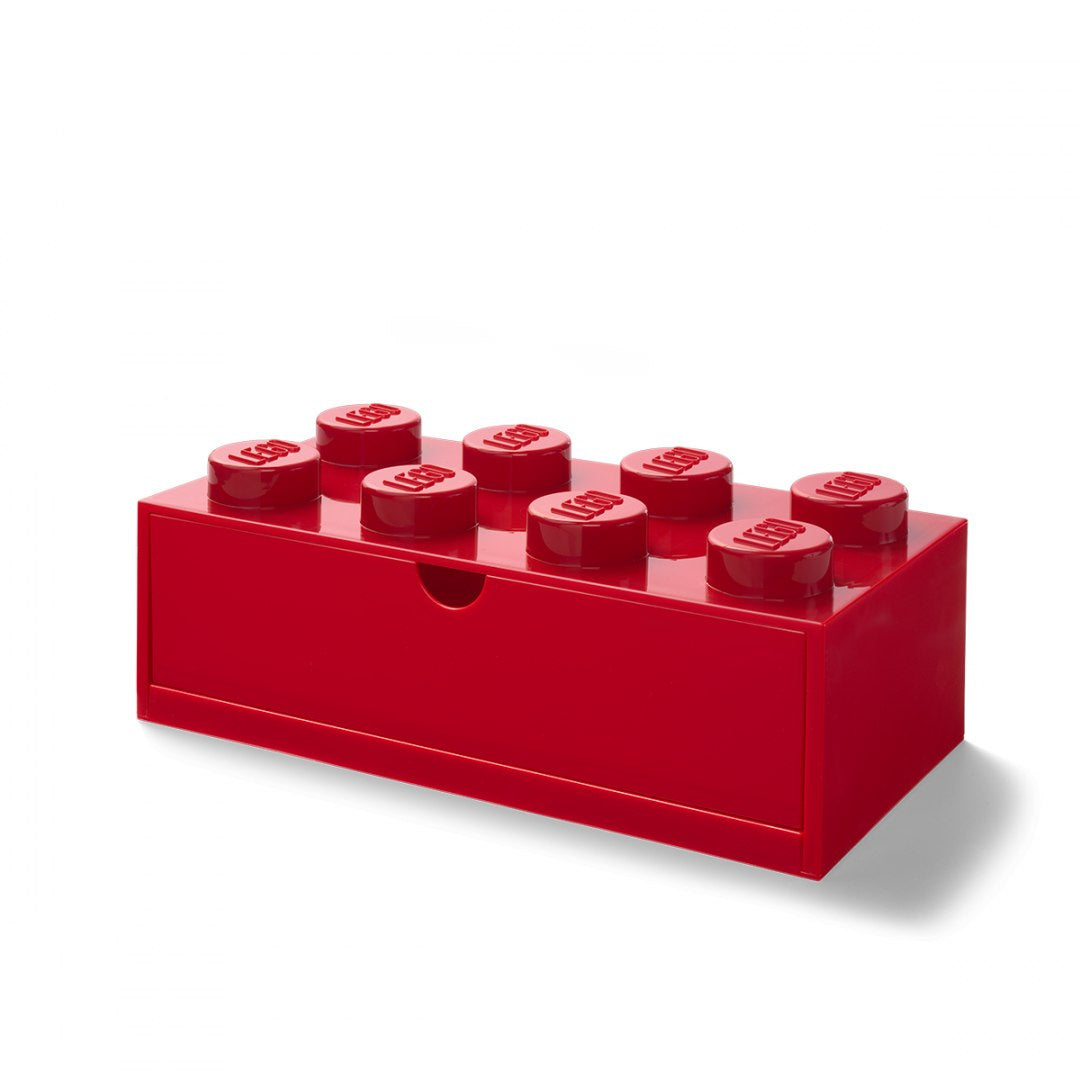 Czerwona szufladka LEGO na biurko w kształcie klocka LEGO z ośmioma wypustkami
