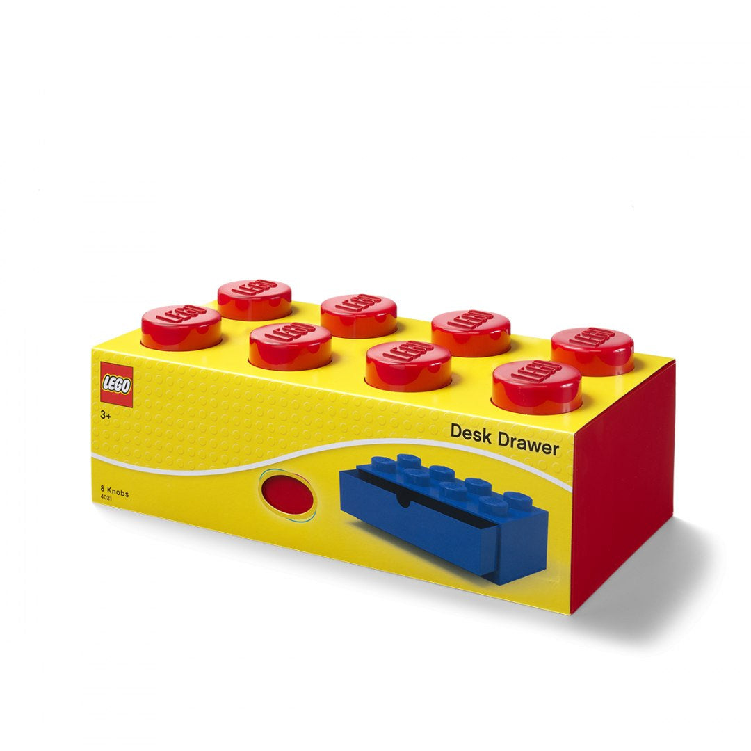 Kolorowa szufladka LEGO na biurko w kształcie klocka z czerwonymi wypustkami