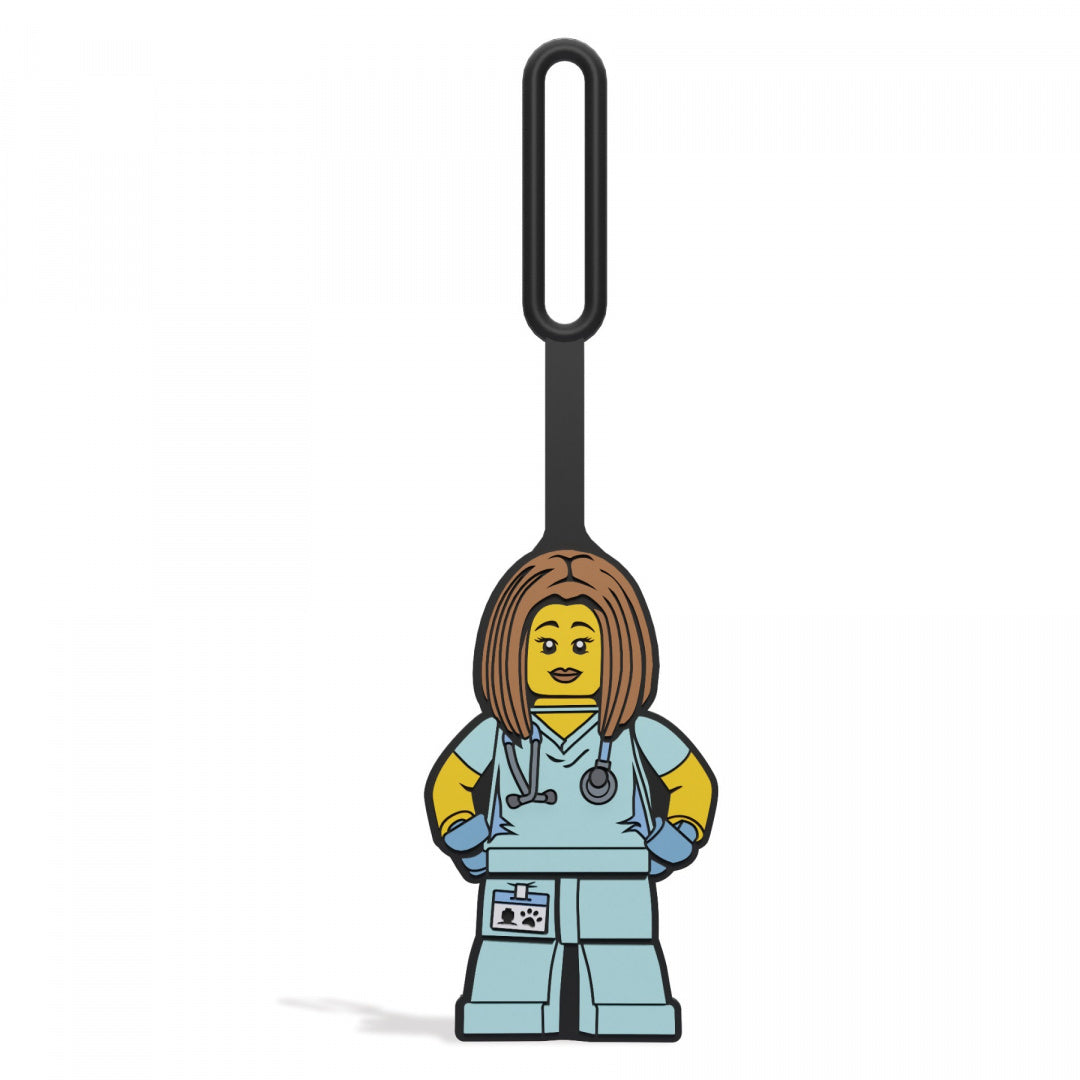 Zawieszka LEGO pielęgniarka w niebieskim uniformie medycznym z stetoskopem i identyfikatorem