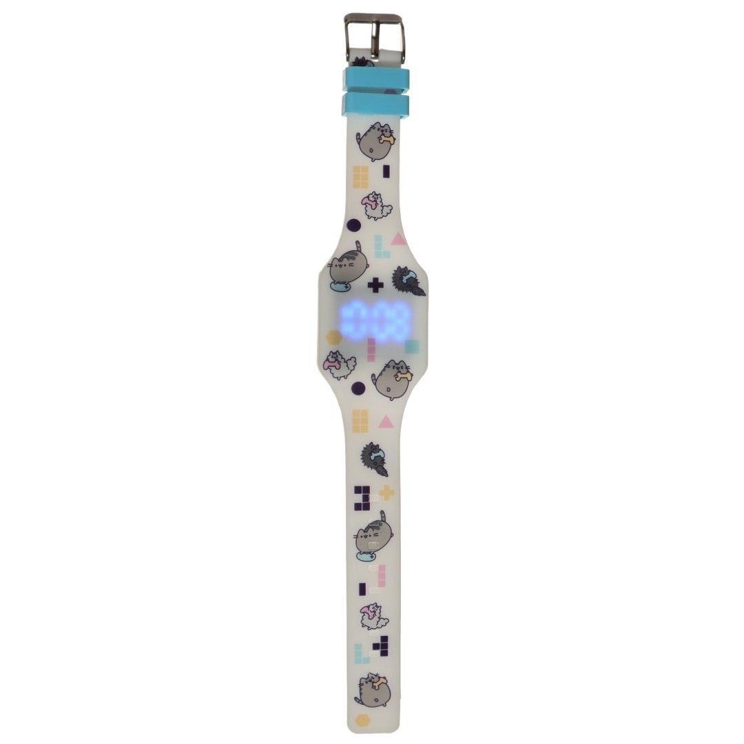 Pusheen Uhr für Kinder mit weißem Armband und bunten Pusheen-Katzenmotiven von LOQI