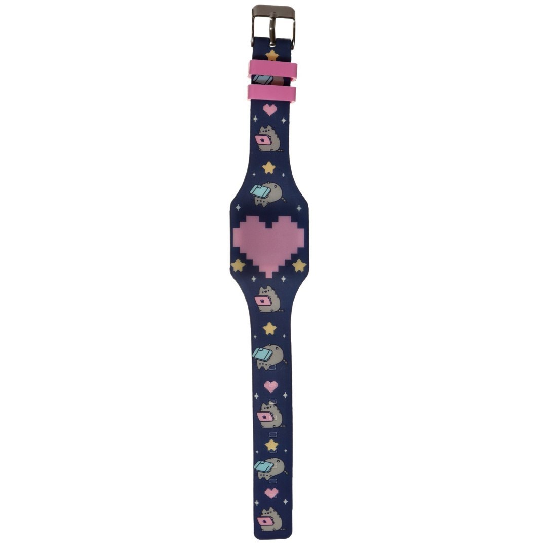Pusheen Uhr für Kinder mit buntem Armband und rosa Herz auf dem Zifferblatt