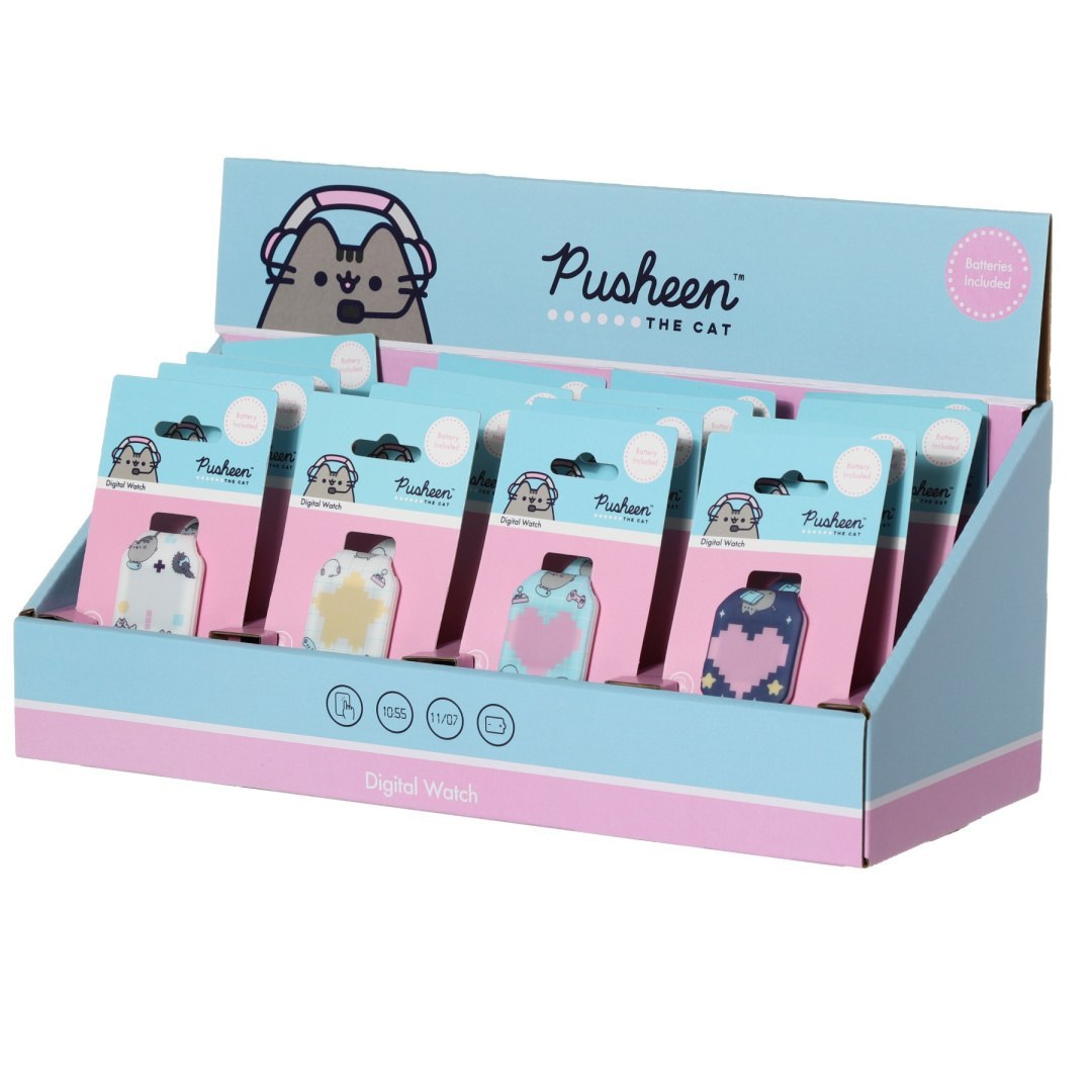 Pusheen Uhr für Kinder in verschiedenen Farben und Mustern in der Sammelverpackung von LOQI