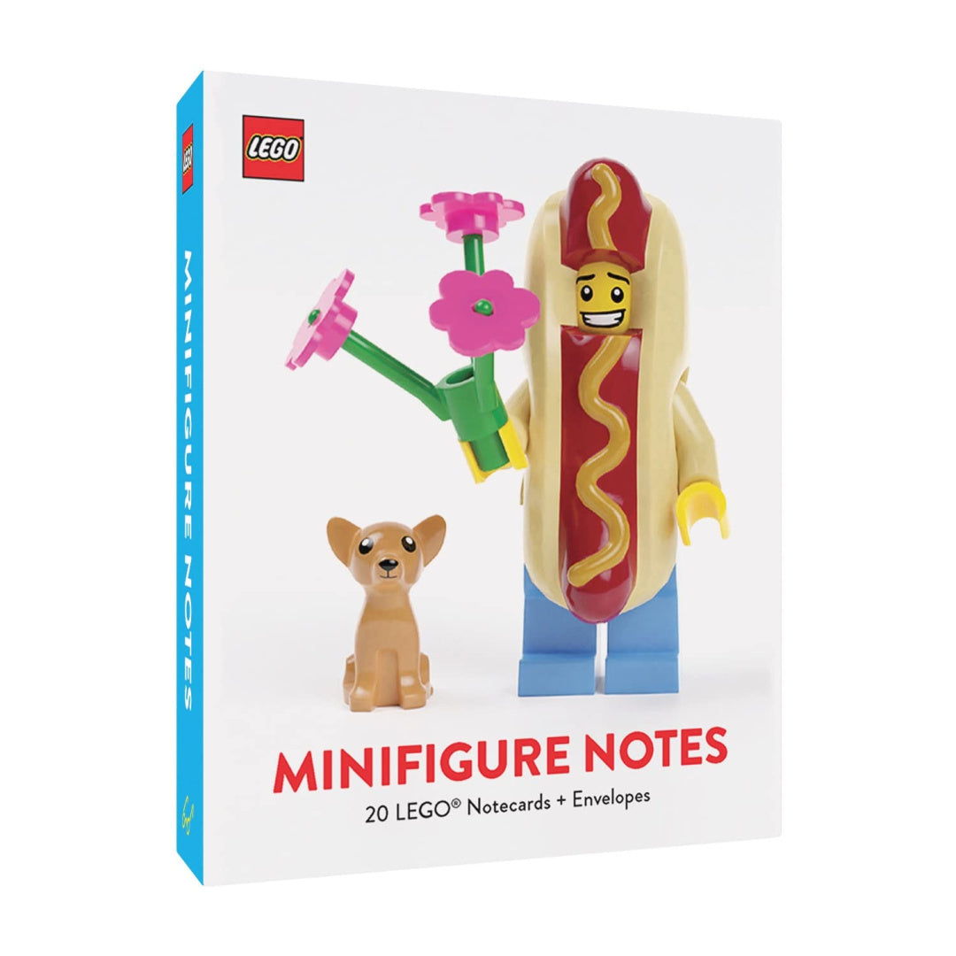 Kartki okolicznościowe LEGO z minifigurką w kostiumie hot doga trzymającą kwiaty i małym pieskiem