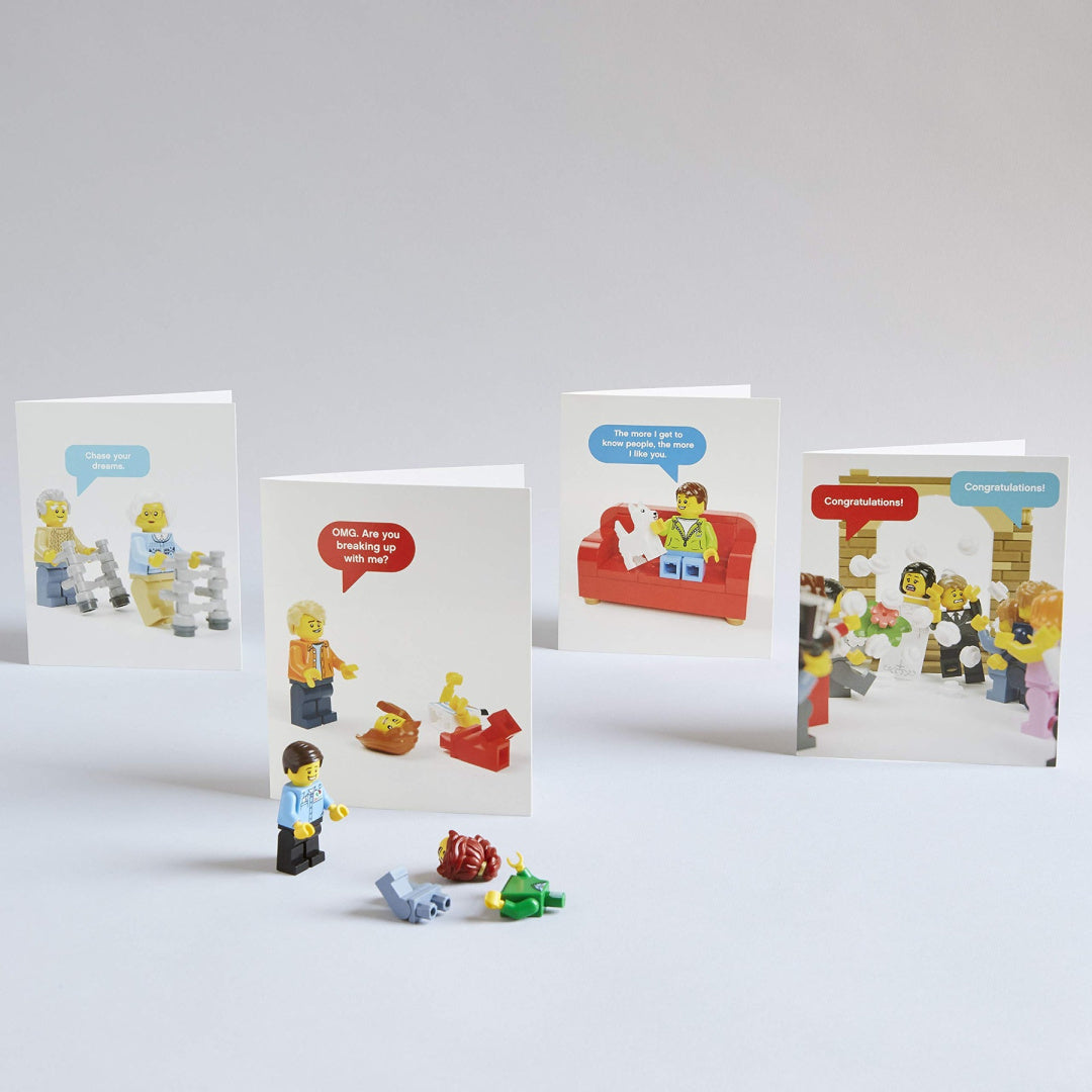 Kolorowe kartki okolicznościowe LEGO z figurkami na różne okazje od BV JACOB COMPANY