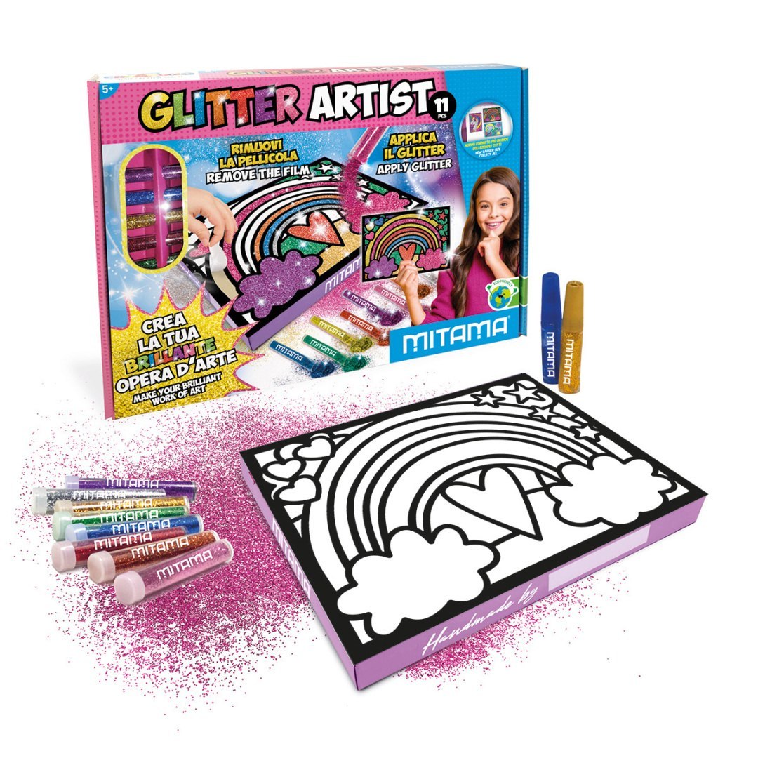 Set creativo per bambini con glitter per decorare immagini con arcobaleni e nuvole