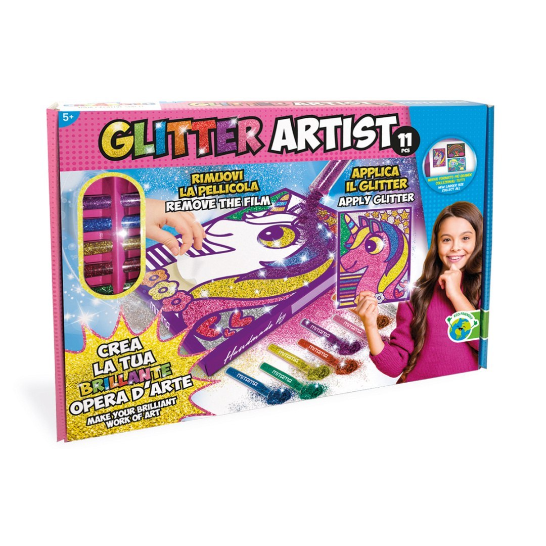 Set creativo per bambini con glitter per creare immagini brillanti e colorate di unicorni