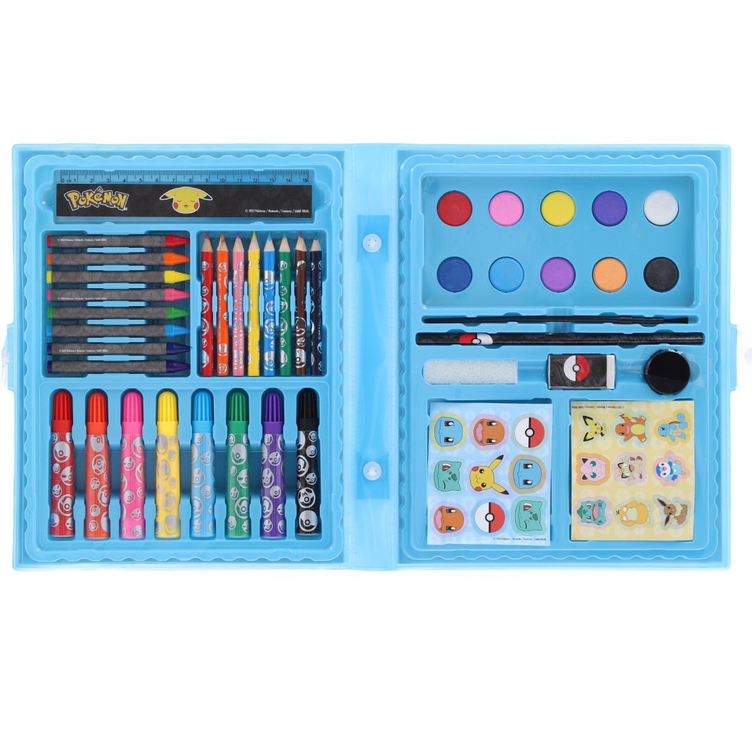 Zestaw kreatywny Pokémon z farbami, kredkami, pisakami i naklejkami w niebieskim etui