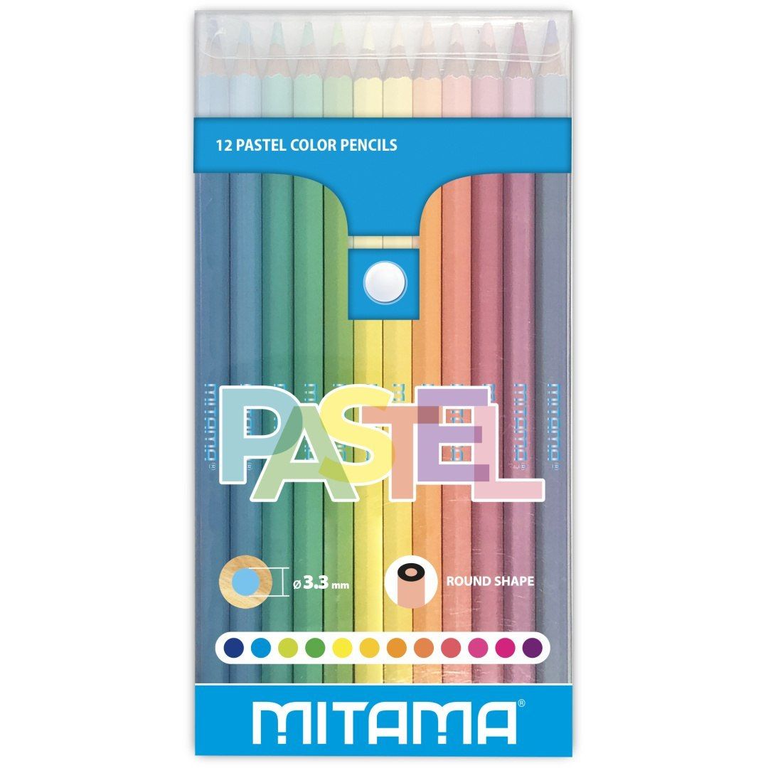 Das Set mit pastellfarbenen Buntstiften MITAMA in 12 Farben mit Anspitzer und runder Form zum Zeichnen.