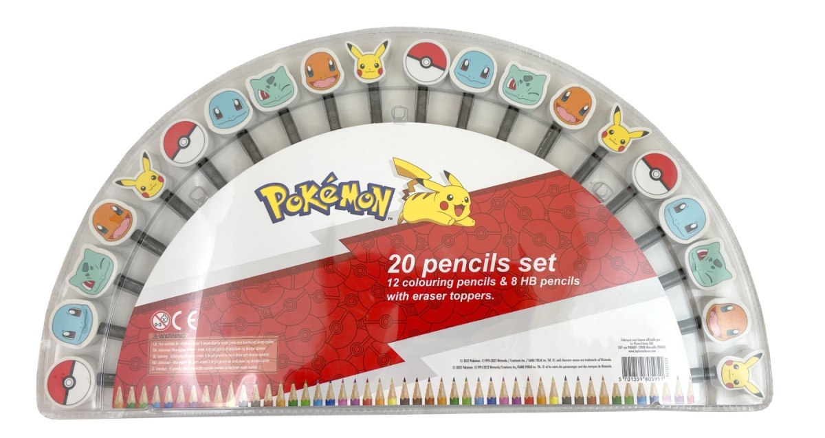 Pokémon Schreibset mit 20 bunten und HB-Bleistiften mit Radiergummis von BV JACOB COMPANY