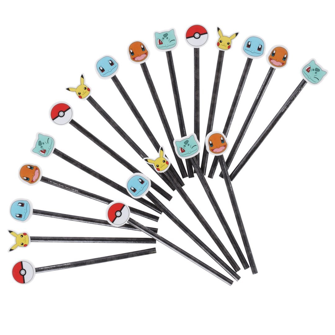 Pokémon Schreibset mit Bleistiften, die mit Figuren von Pikachu, Bisasam, Glumanda und Schiggy verziert sind