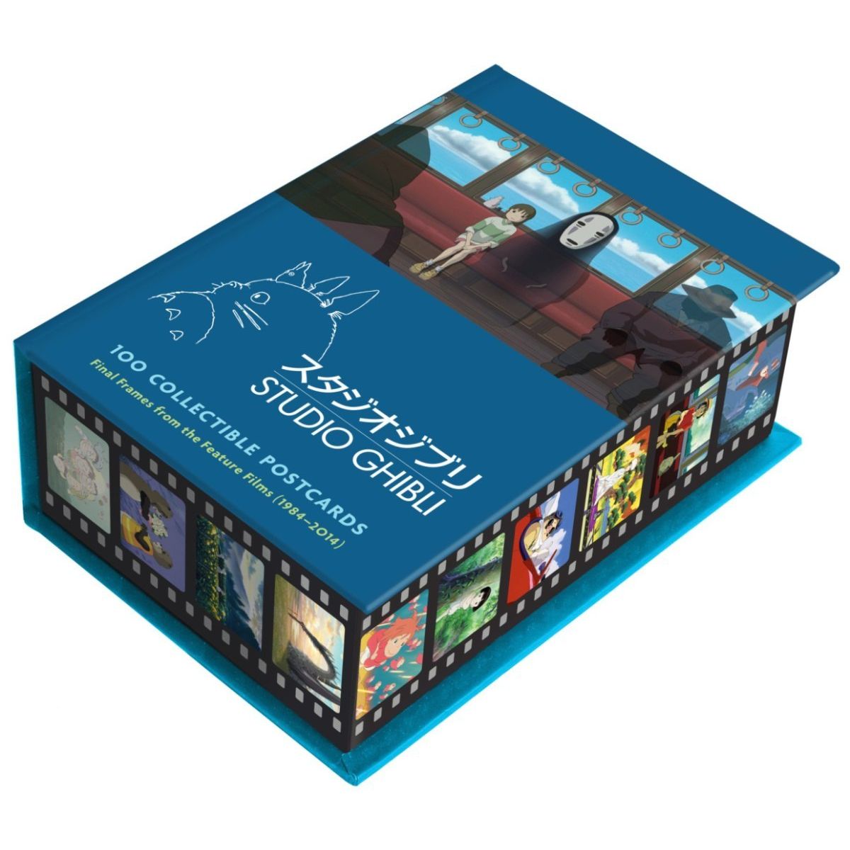 Zestaw pocztówek Studio Ghibli w niebieskim pudełku z motywami filmów animowanych i postaci Totoro