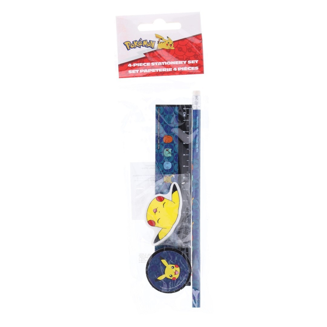 Pokémon school supplies set from LA PLUME with ruler, pencil, and two erasers featuring Pikachu motifs.