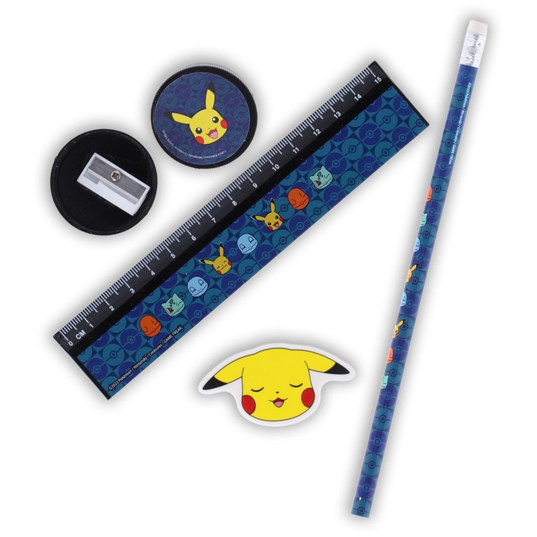 Pokémon school supplies set with pencil, ruler, sharpener, and eraser featuring Pikachu motifs.