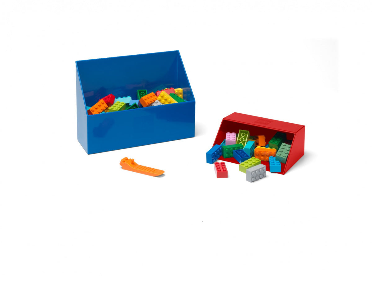 Zestaw szufelek LEGO w kolorze czerwonym i niebieskim z kolorowymi klockami do zabawy
