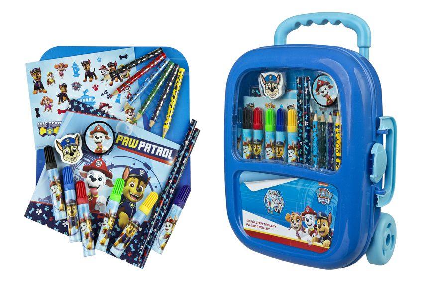Blue wheeled suitcase Paw Patrol with a set of school supplies in Paw Patrol themes