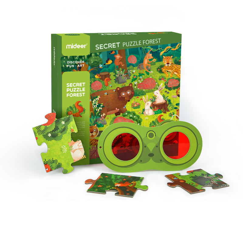 mideer sekretne puzzle 3D dla dzieci z motywem lasu i kolorowymi lupami do odkrywania obrazów