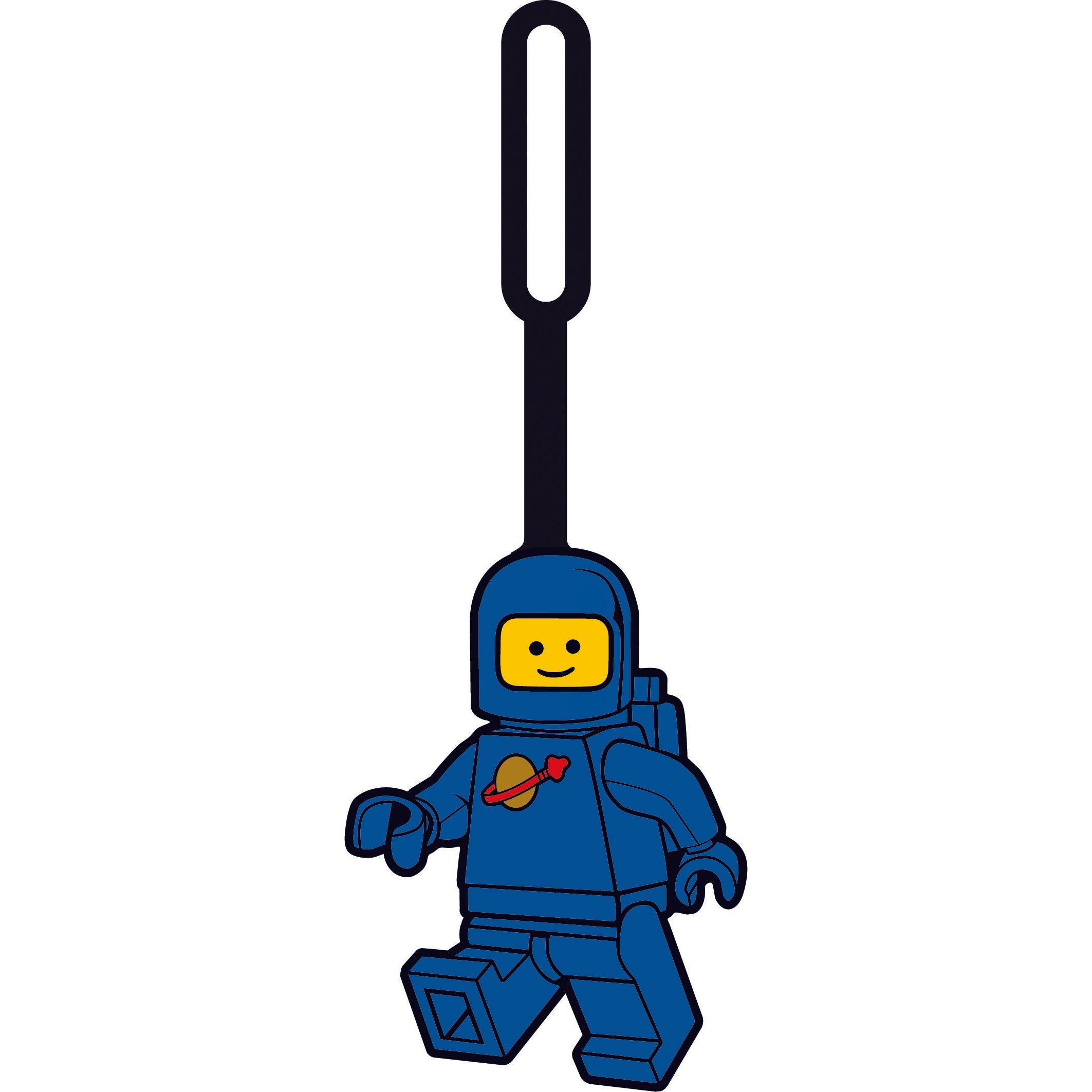 Zawieszka LEGO niebieski astronauta z uśmiechniętą twarzą i kosmicznym symbolem na torsie