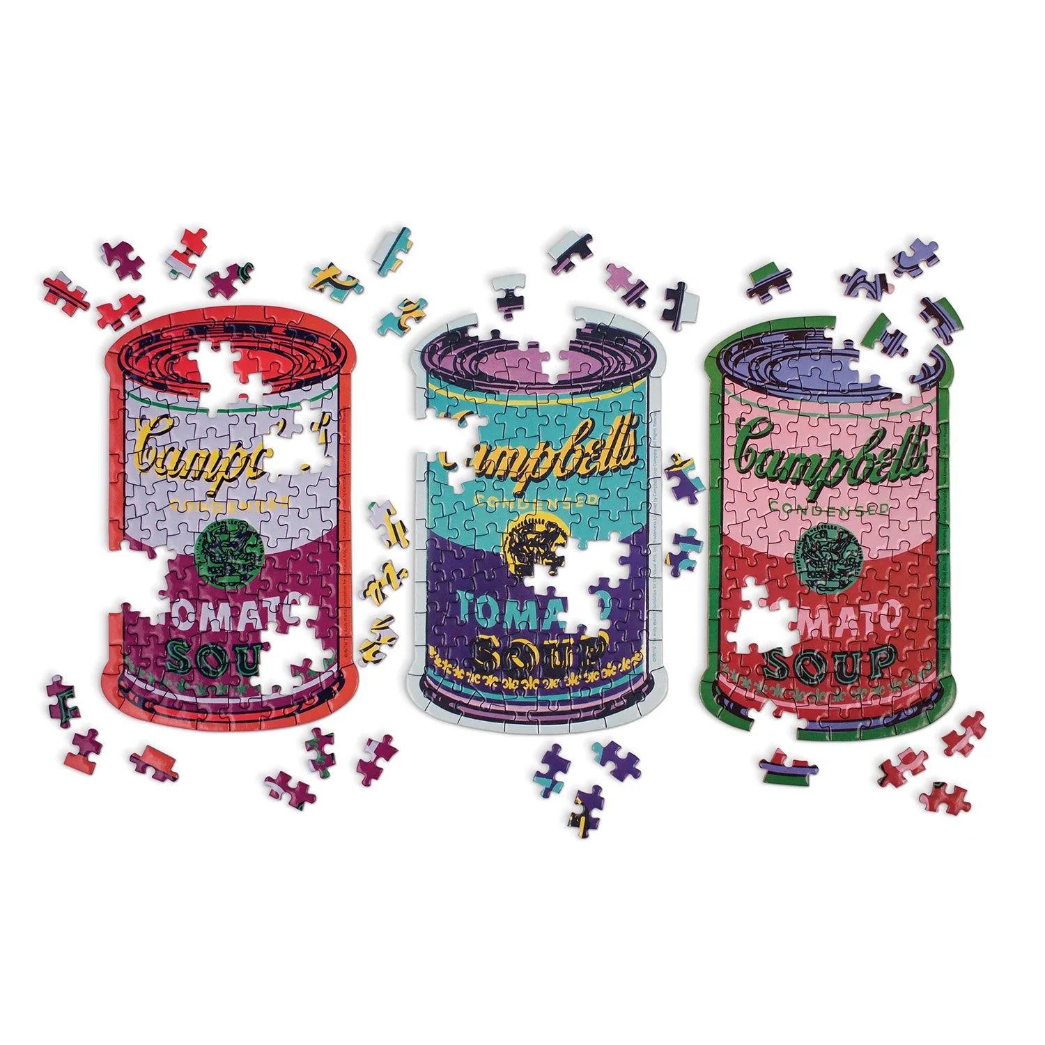 Puzzle Andy Warhol Soup Cans przedstawiające trzy częściowo ułożone puszki zupy Campbell