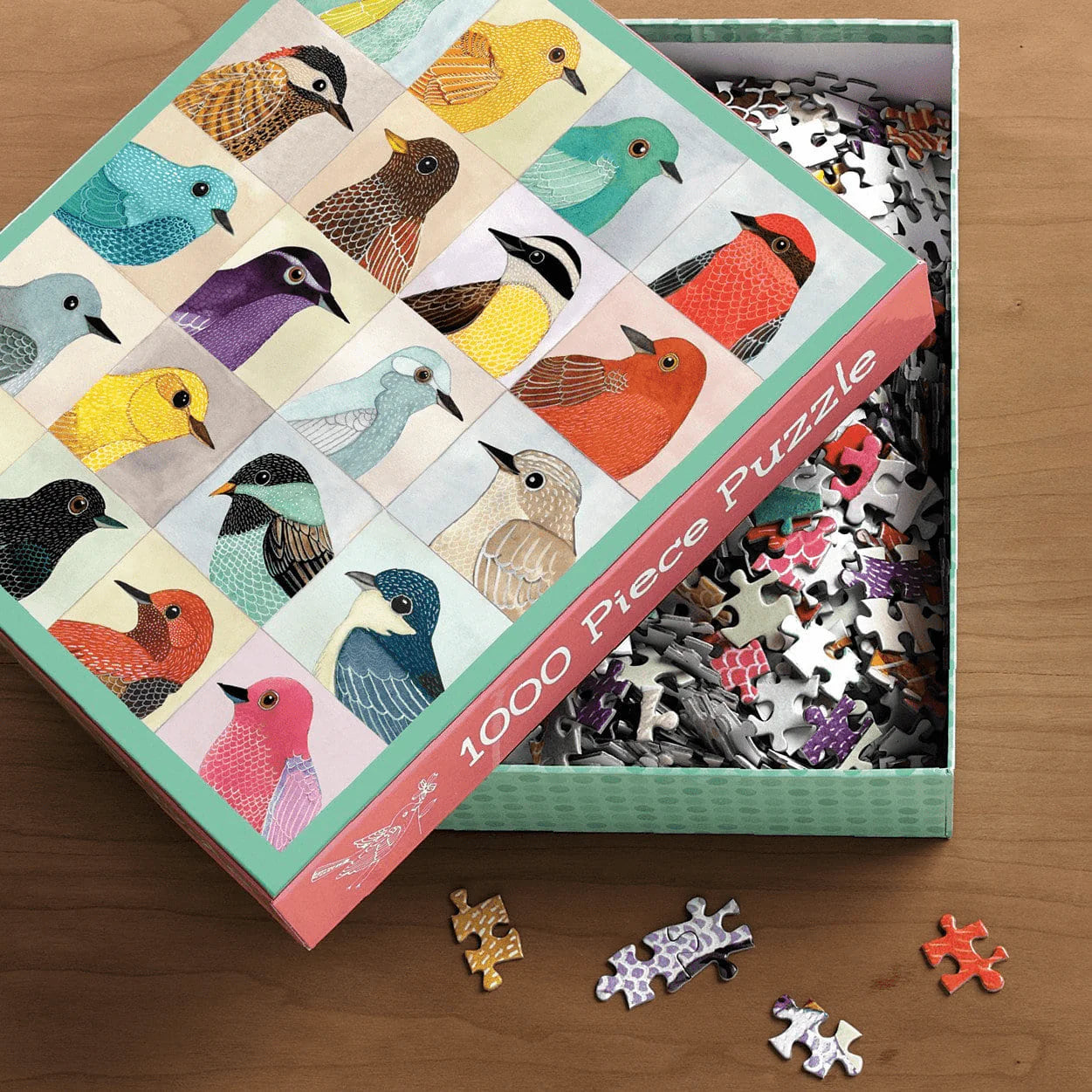 Puzzle 1000 elementów ptaki od Galison z kolorowymi ilustracjami różnych gatunków ptaków