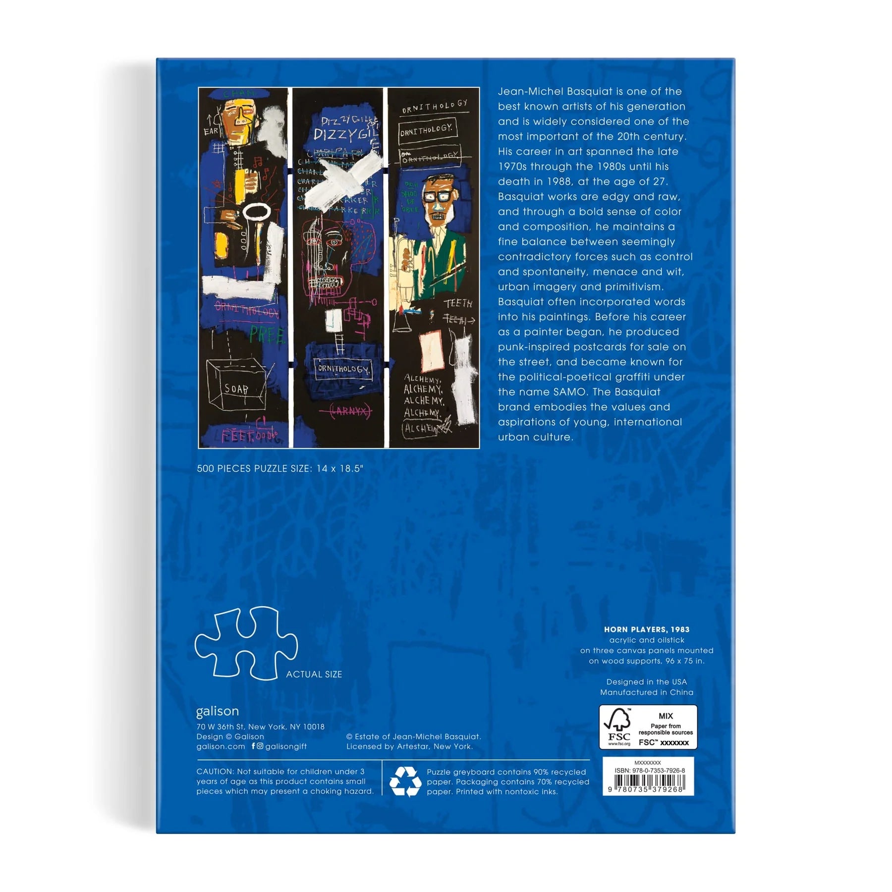 Puzzle Jean-Michel Basquiat 500 elementów z kolorową grafiką na niebieskim tle od Galison