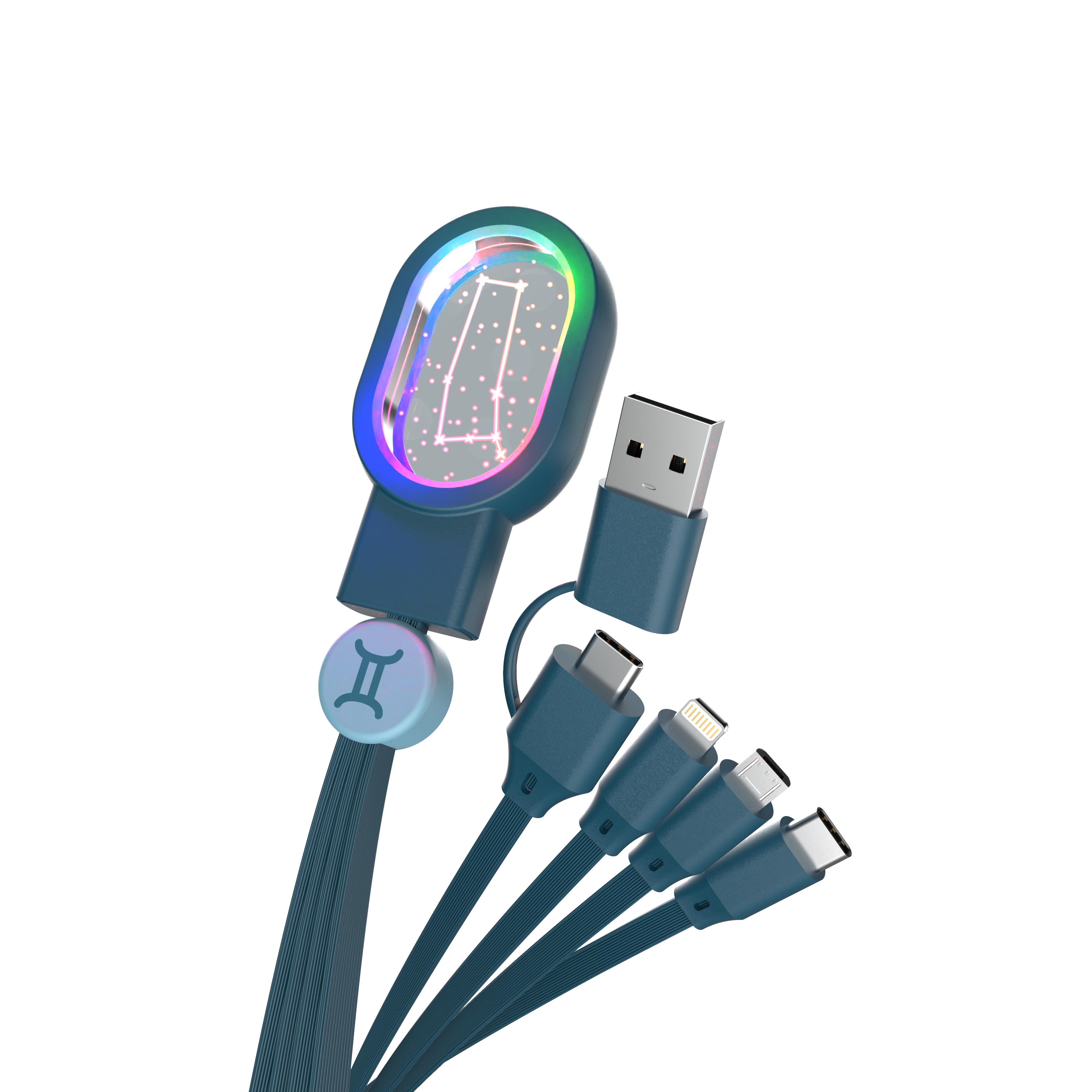 Nowoczesny kabel 5 w 1 Bliźnięta z wieloma końcówkami USB i kolorowym wyświetlaczem konstelacji