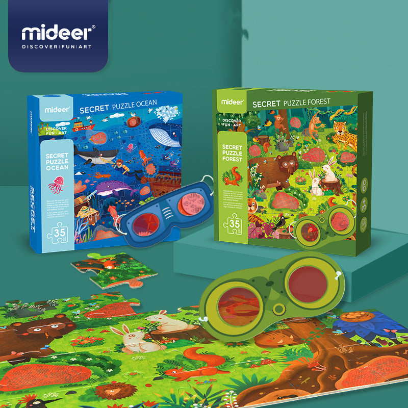Sekretne puzzle 3D dla dzieci od Mideer z motywem oceanu i lasu z okularami do odkrywania ukrytych obrazów