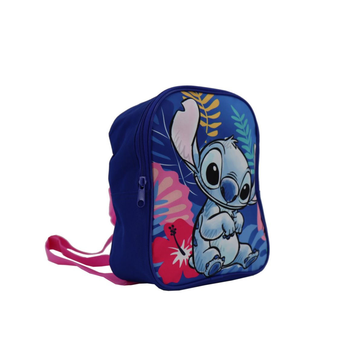 Kolorowy plecak przedszkolny Lilo i Stitch z postacią Stitch i różowymi paskami