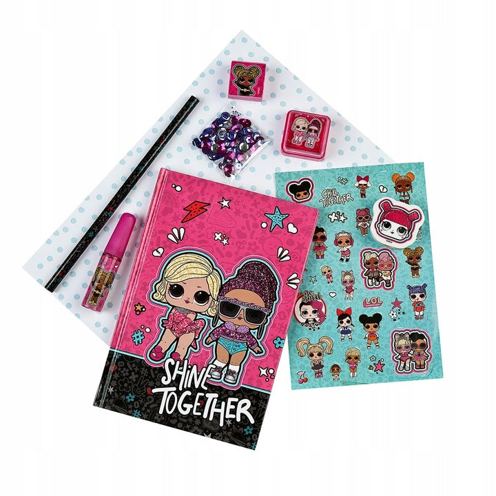 LOL Surprise creative set with a notebook, stickers, glitter, coasters, and a marker