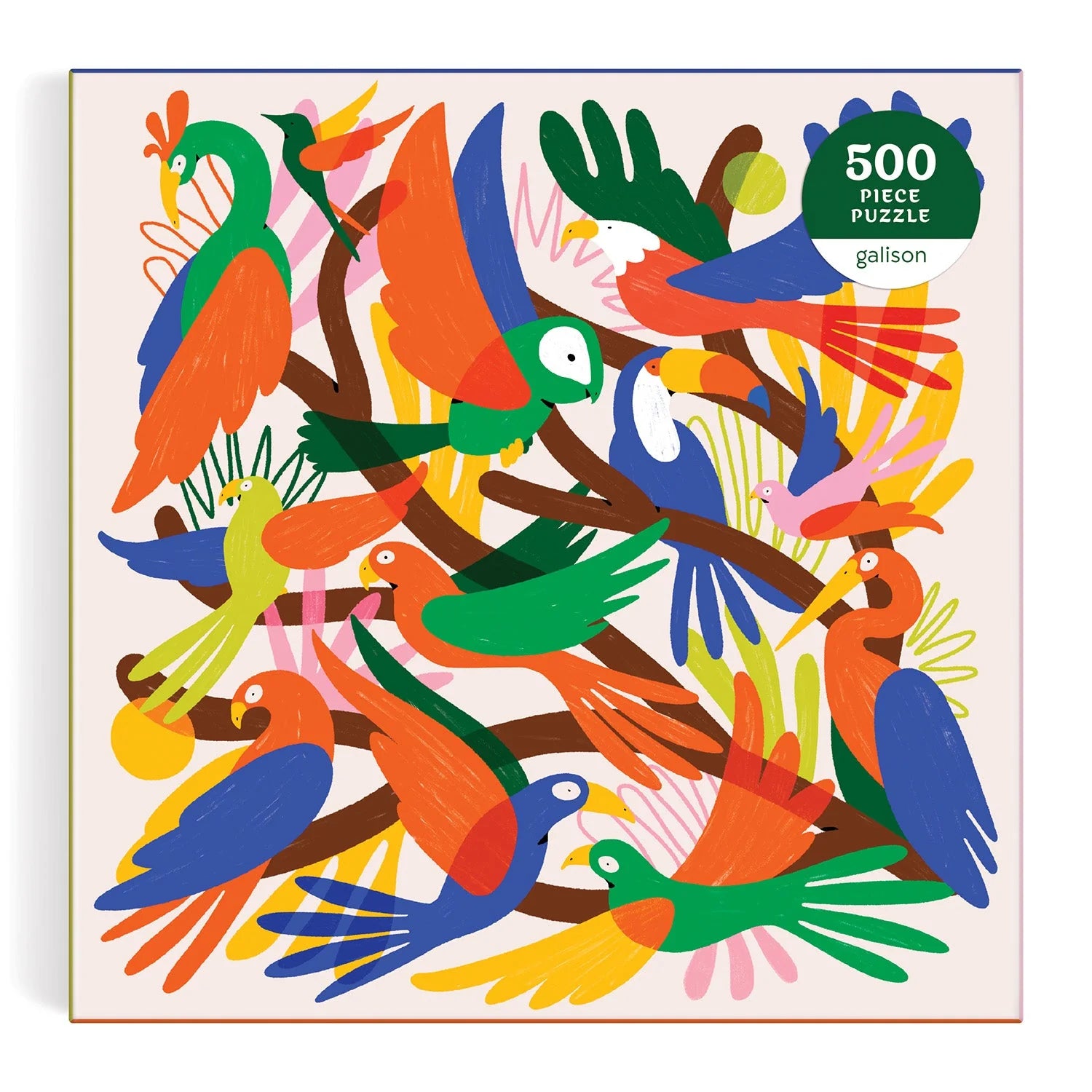 Kolorowe puzzle z ptakami 500 elementów od Galison z motywem egzotycznych ptaków na gałęzi