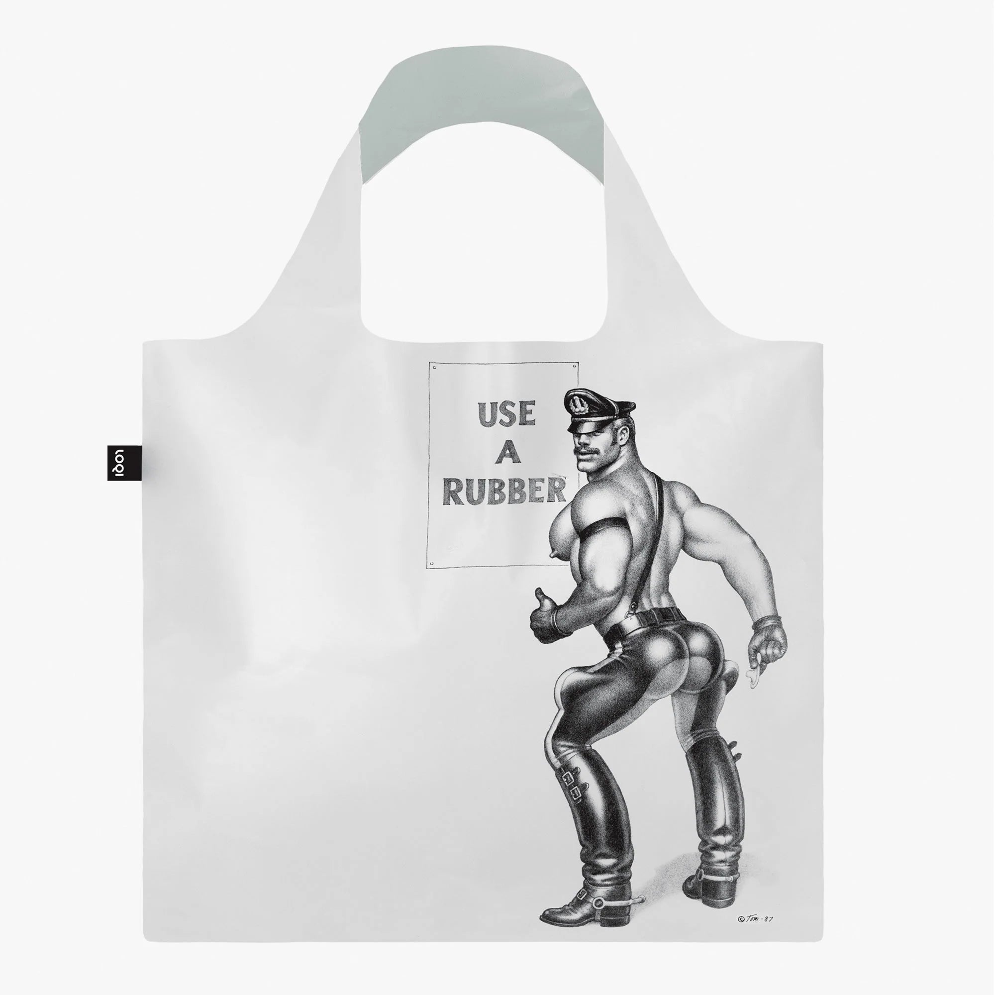 Torba podręczna Tom of Finland biała z nadrukiem muskularnego mężczyzny w skórzanym stroju i napisem Use a Rubber