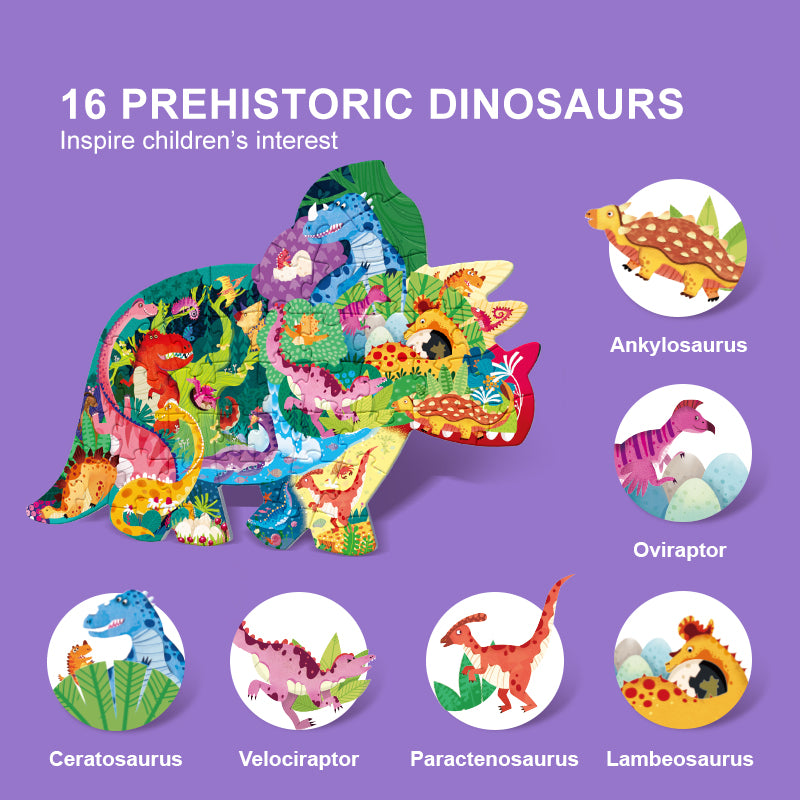 Kolorowe puzzle dinozaury dla dzieci marki mideer z 16 prehistorycznymi dinozaurami na fioletowym tle