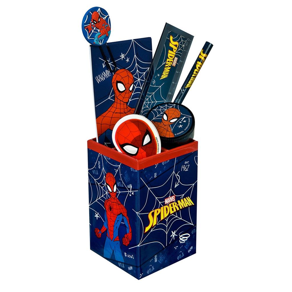 Schulset Spider-Man mit Federmäppchen, Lineal, Bleistift und Spitzer im Spider-Man-Motiv