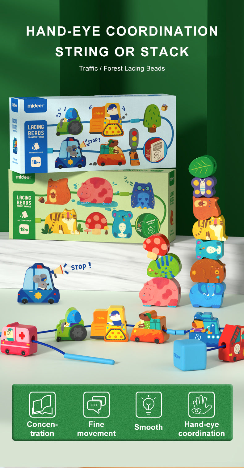 Set di infilatura figure in legno mideer – Veicoli