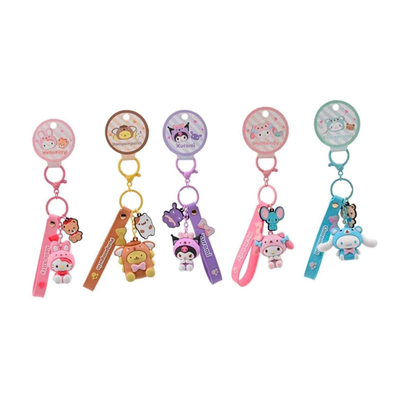 Set of Hello Kitty keychains in various colors with characters and tags from Yamann