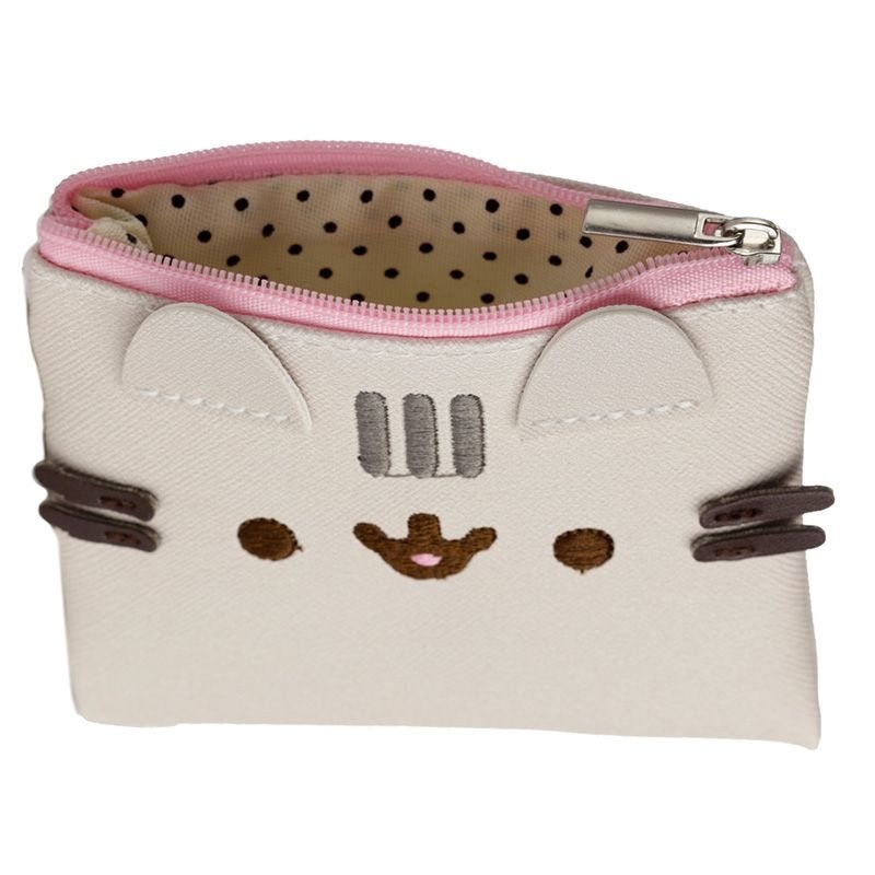 Portmonetka kot pusheen w jasnym kolorze z różowym suwakiem i haftowanym kotem